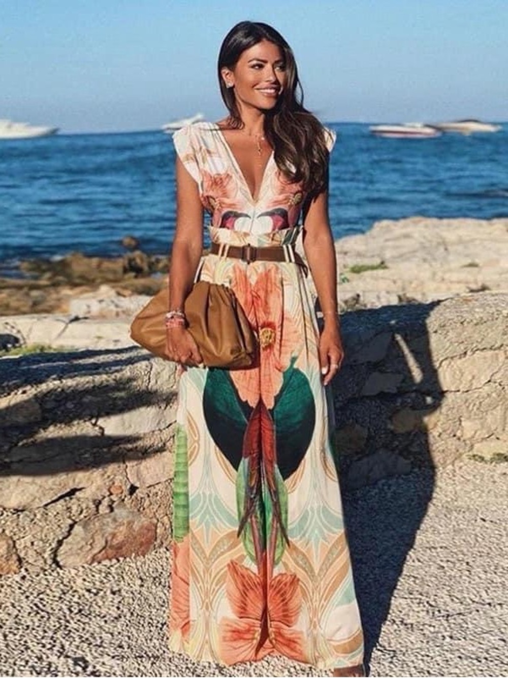 Boho Floral Maxi Dress in Cream and Green